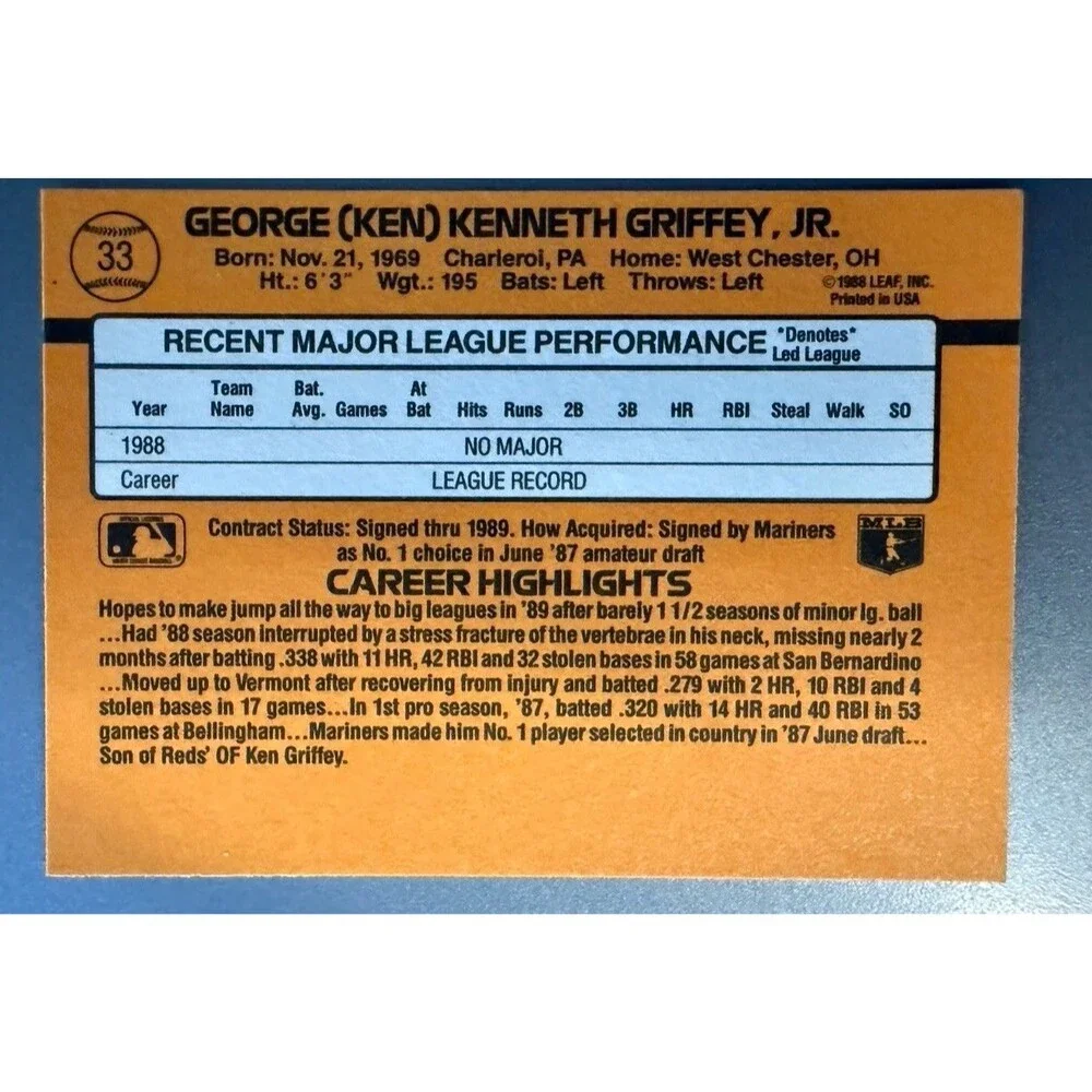 1989 Donruss - Rated Rookie Ken Griffey Jr #33 *Denotes* on Back (RC)